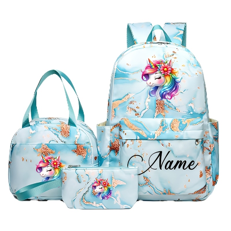 TEMU Personalized Naming: Cute Unicorn Print 3pcs Set - Laptop Backpack, Women's Fashion Backpack, Mother's Day, Summer, Beach, Vacation, Business