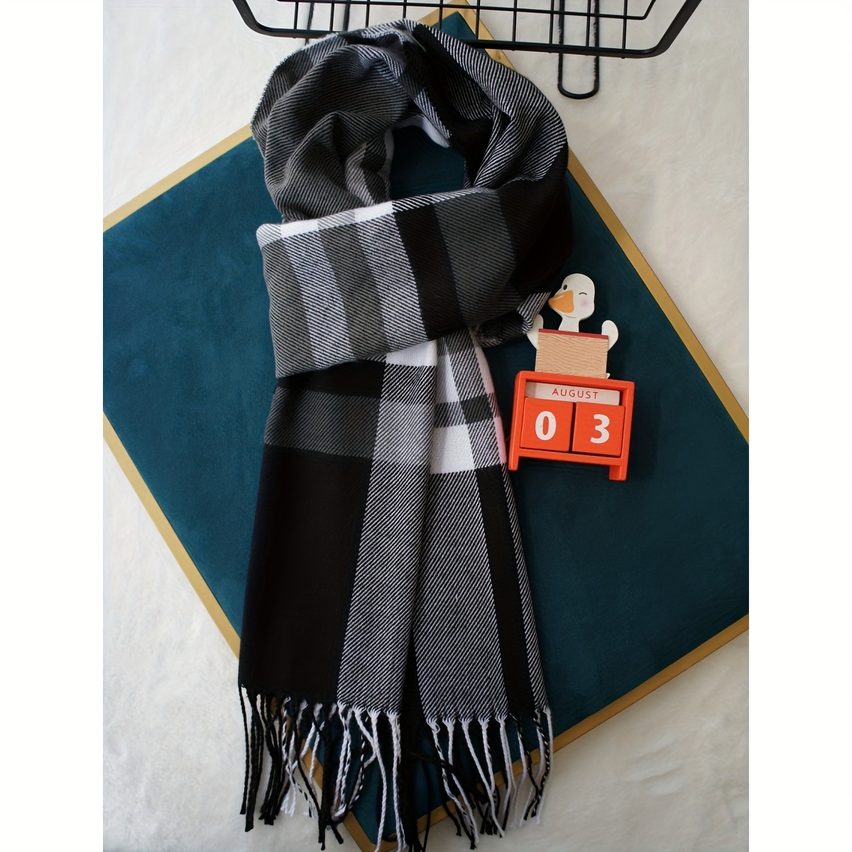 TEMU Vintage Plaid Scarf - Polyester 100% Woven Warm Scarf With Tassels, Hand Washable, Unisex Fashion Accessory