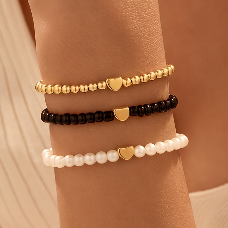 Image of 3pcs Stylish Minimalist Women's Rice Bead Bracelet Set With Heart Element, Lightweight And Elegant, Suitable For Daily Life Music Festival Wear, Valentine's Day Gift