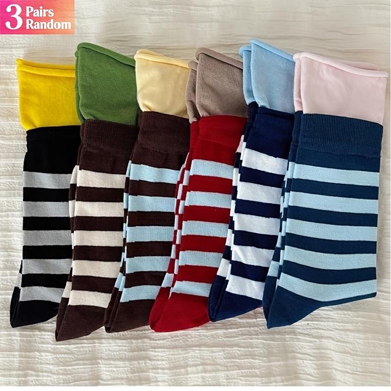 TEMU Random 3 Pairs Contrast Striped Socks Women's Mid-calf Socks Ins Trendy Spring Autumn Preppy Style Contrast Puffy Long Socks