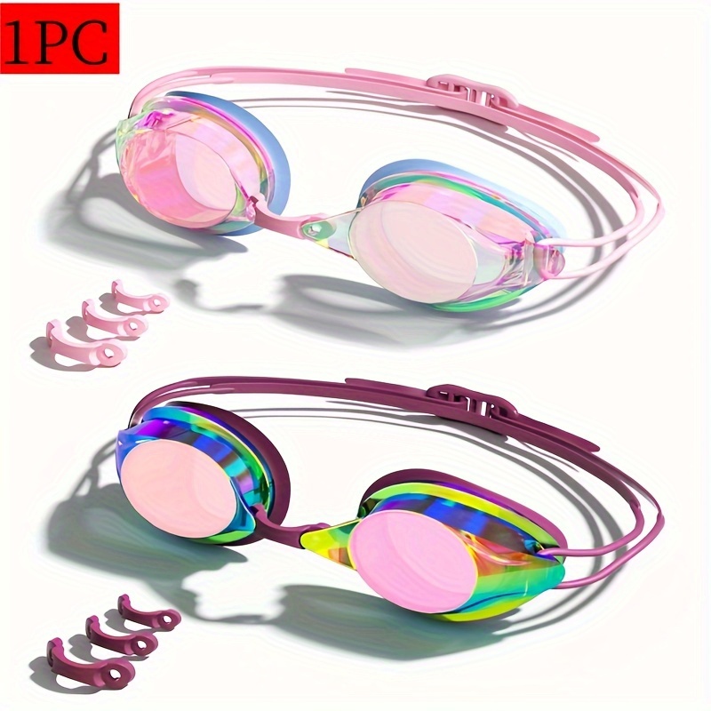 

1pc RESHEIR Lunettes de Natation pour Adultes - HD, Étanches & Anti-Buée, Lunettes de Natation Professionnelles pour , Matériau PC , Multicolore Iridescent avec Bandeau Rose Réglable