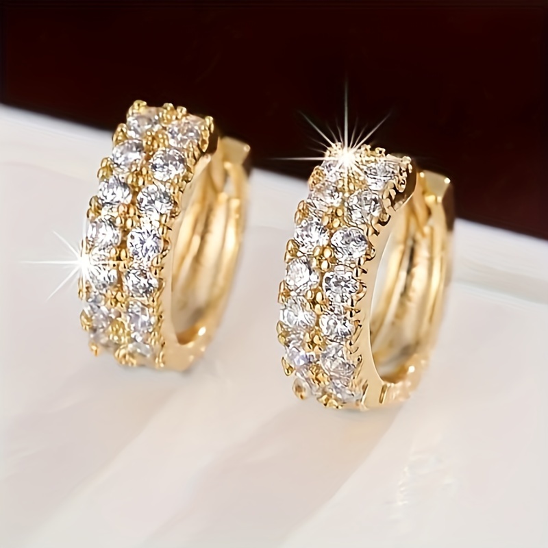 

Tiny Double Row Design Hoop Earrings Copper 18k Gold Plated Jewelry Embellished With Zirconia Elegant Style Dating Earrings