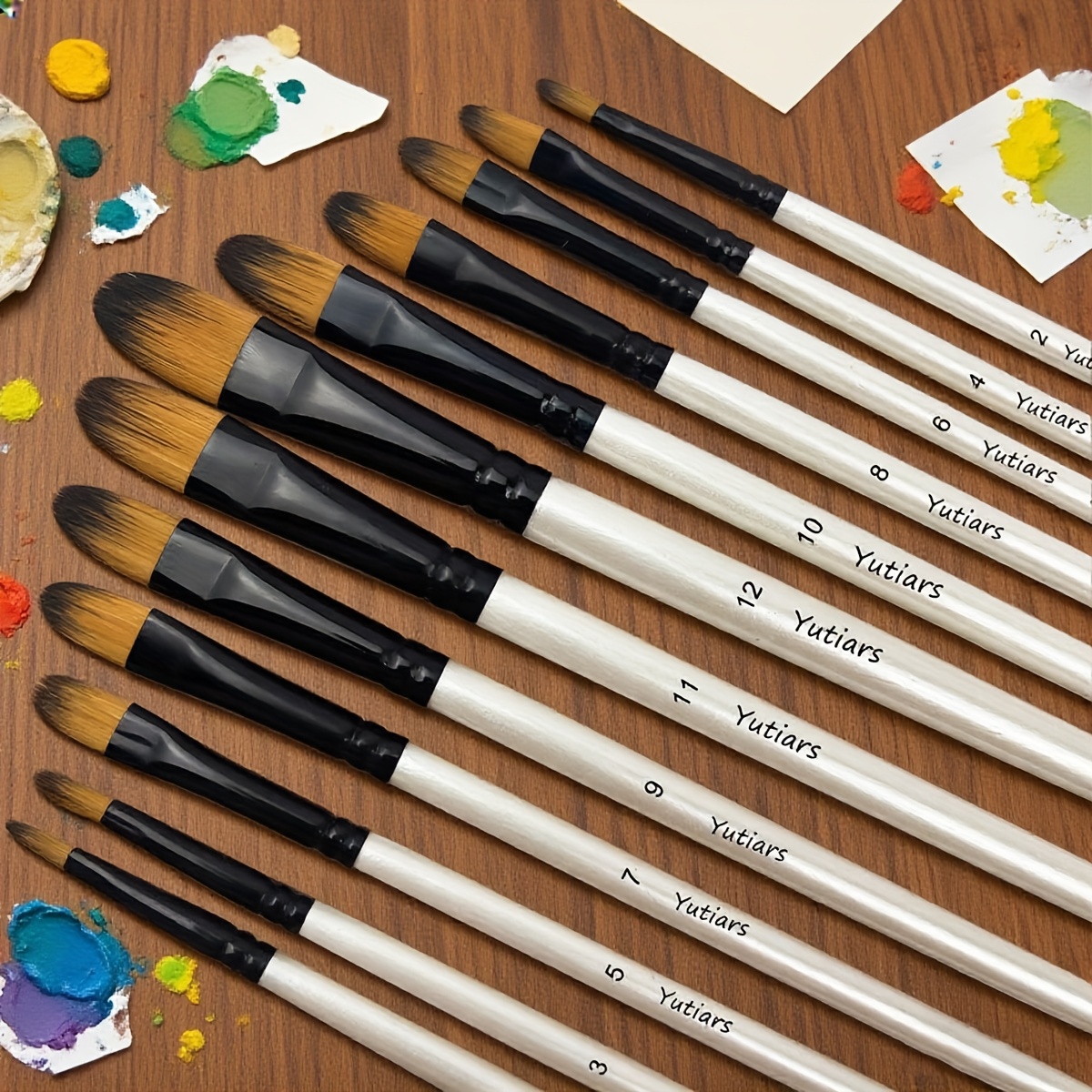Image of 12-pack Professional Brushes, Wooden Handle, Nylon Bristles, Ideal For Acrylic, Watercolor, Oil Painting, Beginners And Pros