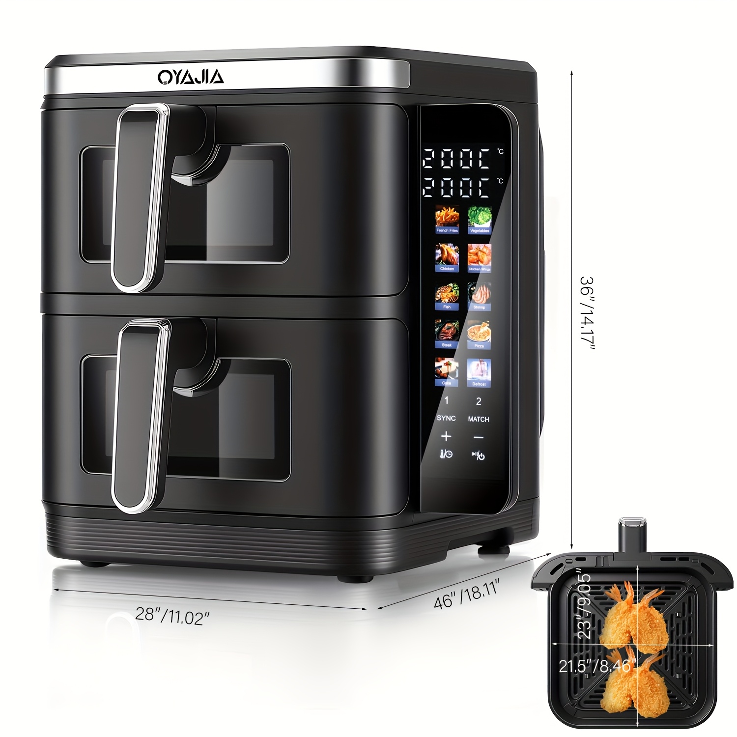 11L Xxl Dual Stack Airfryer | Gemakkelijk te bereiken venster, digitaal bedieningspaneel, ruimtebesparend ontwerp, 10 voorgeprogrammeerde kookmodi, Match Cook & Smart End functies, 2400W, 304L roestvrij staal, Merk: Oyajia