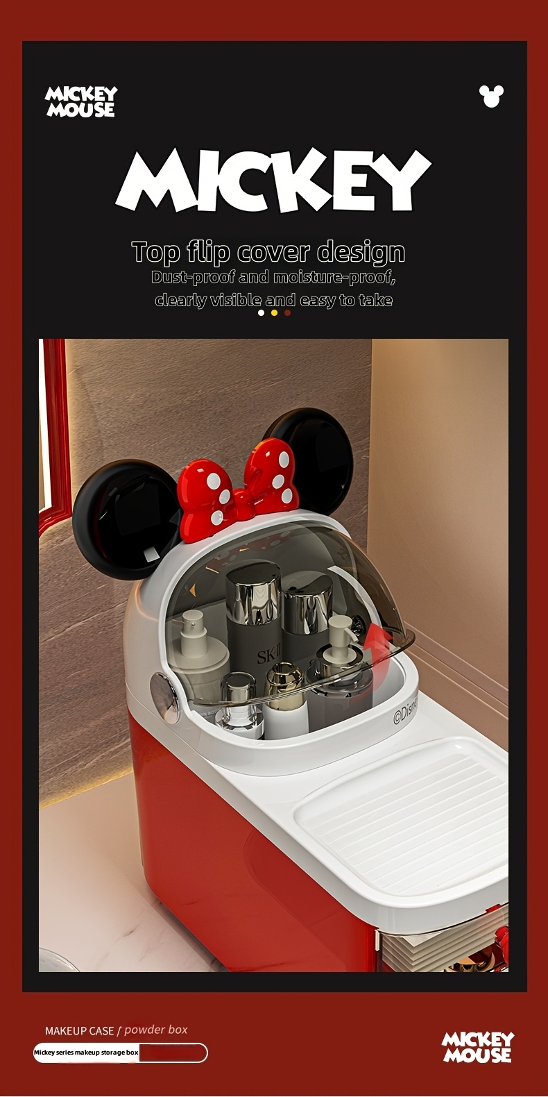 1pc Mickey & Minnie Mouse Series No-Drill Bathroom Multi-Compartment Transparent Cosmetic Organizer - Freestanding Multifunctional Storage Box with Wheels, Large Capacity for Makeup, Toiletries, Tissues - Durable Plastic Bathroom Accessories, Makeup Organizers Storage, Playful Design, Polished Finish