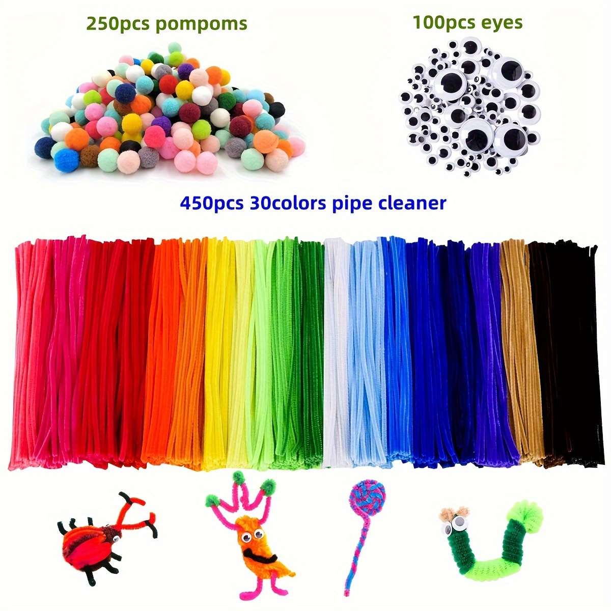 510/800pcs Pipe Cleaners Craft Set, Includes Mixed Chenille Stems, Pom Poms And Wiggle Googly Eyes, Christmas Craft Pipe Cleaners, Fuzzy Sticks For Diy Handicraft Project, Best For Christmas
