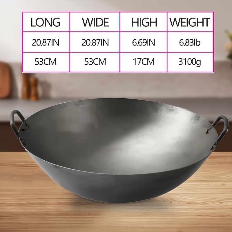 TEMU [] 1pc Round Bottomed Wok - Double-eared, Thickened, No-coating, High-quality, Durable, Easy To Clean, Ideal For Commercial Restaurants,