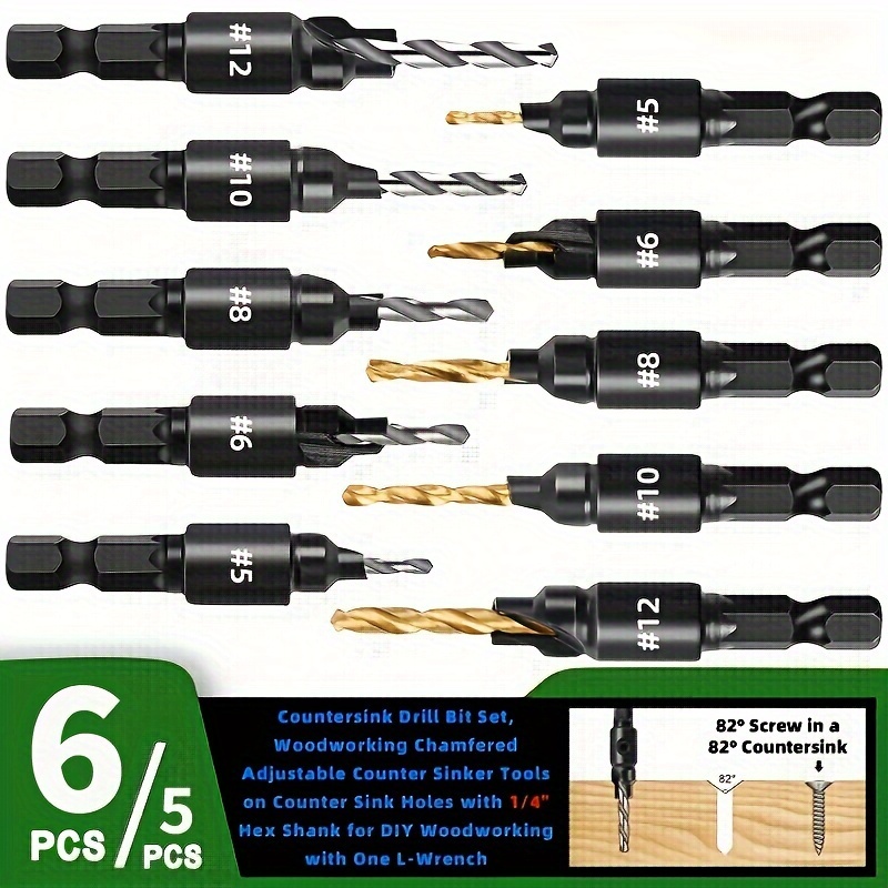 

5/6pcs Woodworking Countersink Drill Bit Set, With 1/4"hex Shank For Diy Woodworking With 1 L-wrench #5 #6 #8#10#12 Wood Handle Tools
