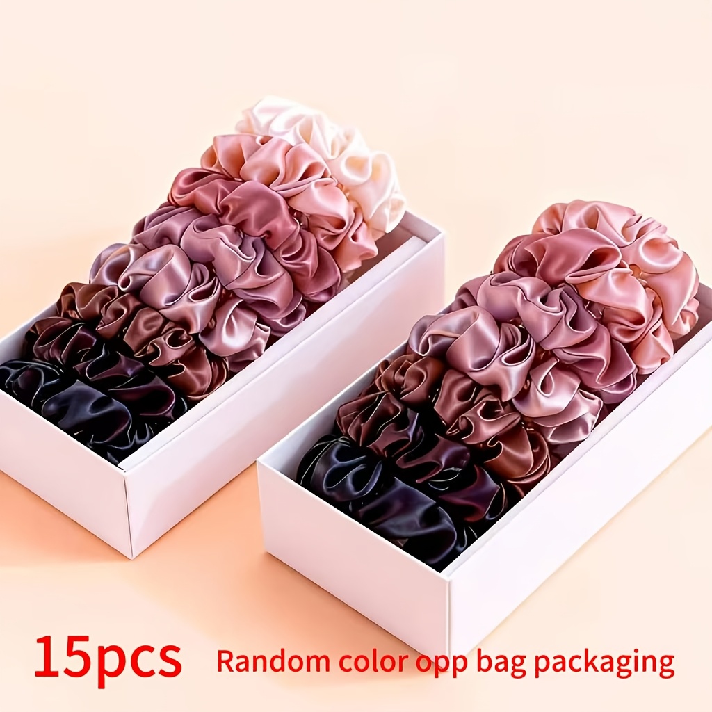 E-shop 15-teiliges Set mit Satin-Haargummis in warmen Farbtönen, zufällige Farben, bequem, für hohe niedrige Pferdeschwänze, Dutts verschiedene bequeme