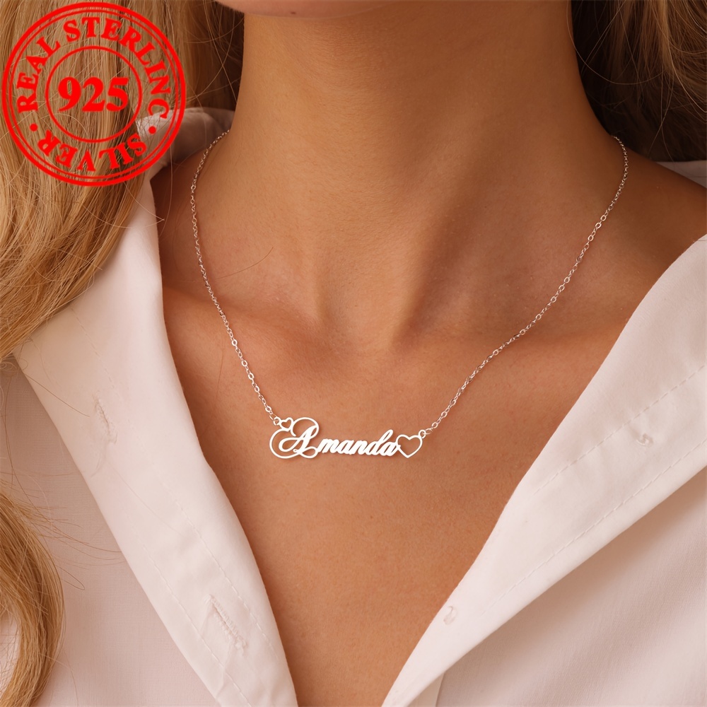 

Elegant 925 Sterling Silvery Custom Name Necklace With Heart Charm - Valentine's, Day & More - Personalized Engraved Gift