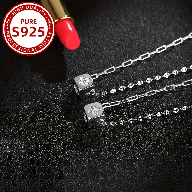 Women's Pendant Necklace Square Four Leaf Clover Charm 925 Sterling Silver