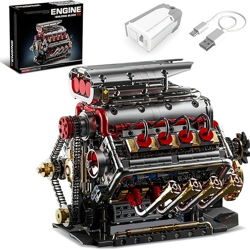 Model Kit That Runs, 8-cylinder Car Engine Building Set With Rechargeable Motor, Realistic Model For Display, Educational Puzzle Engine Ornament, Construction For Teens Boys (1176pcs)