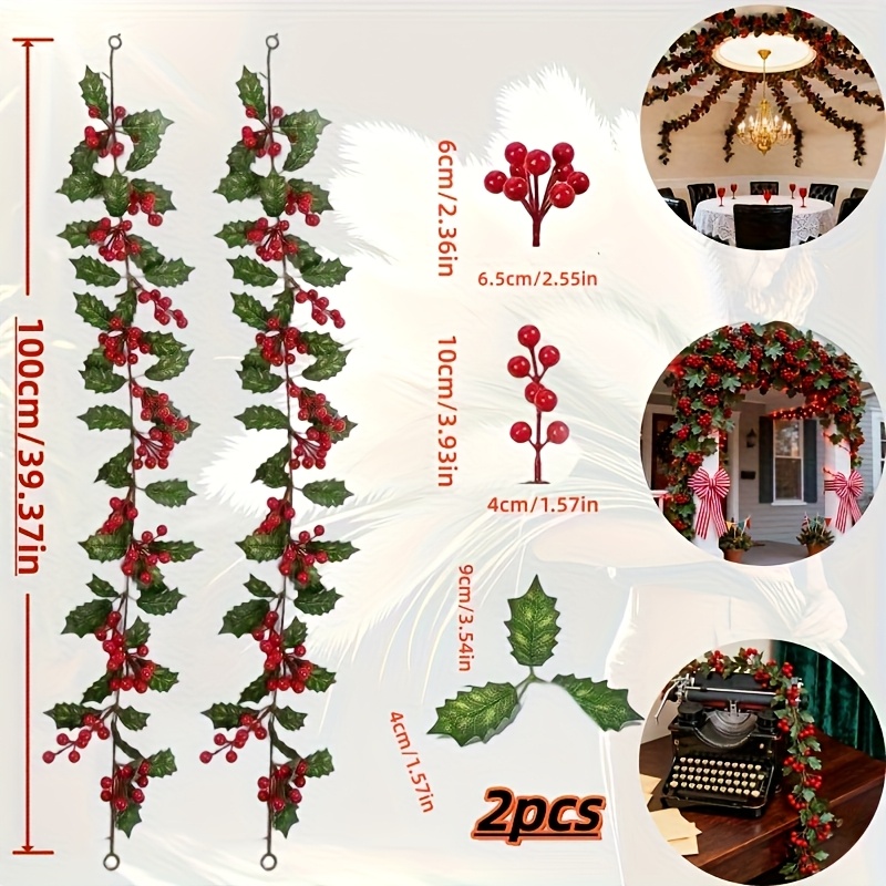 2pcs Artificial Garland With Red Berries And Greenery - Realistic Plastic Christmas Wreath For Indoor/outdoor Holiday Decor, Wedding, New Year