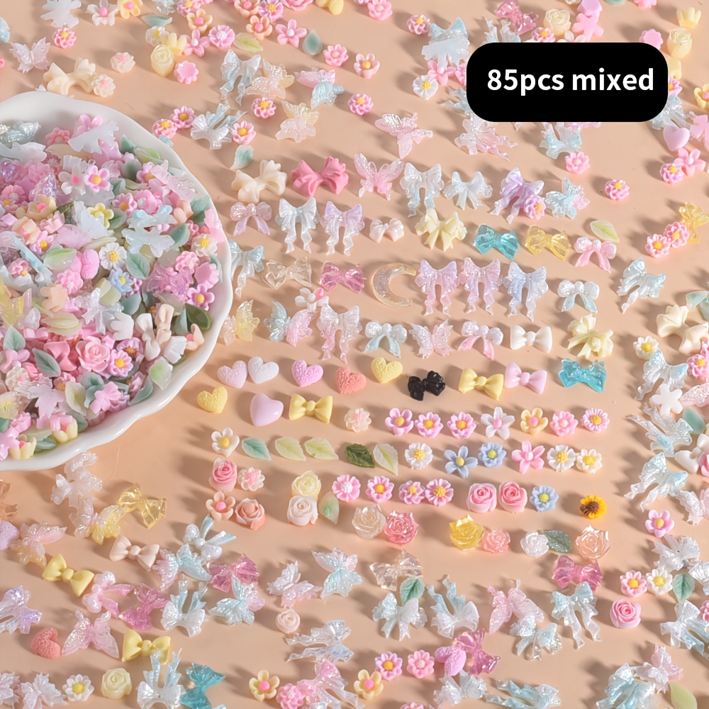 TEMU 85pcs, Mini Bow Leaves Love Heart Shape Mixed, Resin Material, Nail Decoration Additions, 3d Luminous And Non-luminous, Flat Back, Macaron ,