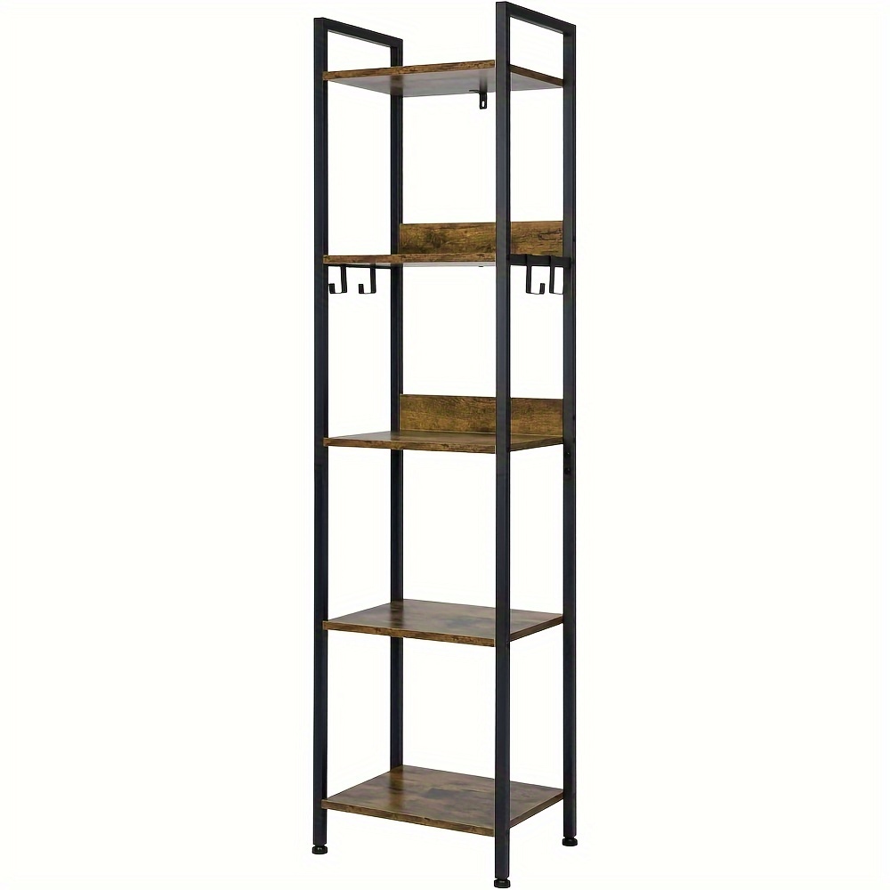 1pc Storage Shelf With , Kitchen Shelf With 4 Hooks, Industrial Style Bookcase, Standing Shelf In Living Room, Kitchen, Narrow Ladder Shelf, Black + Vintage Wood Look, 40 X 30 X 152.5 Cm