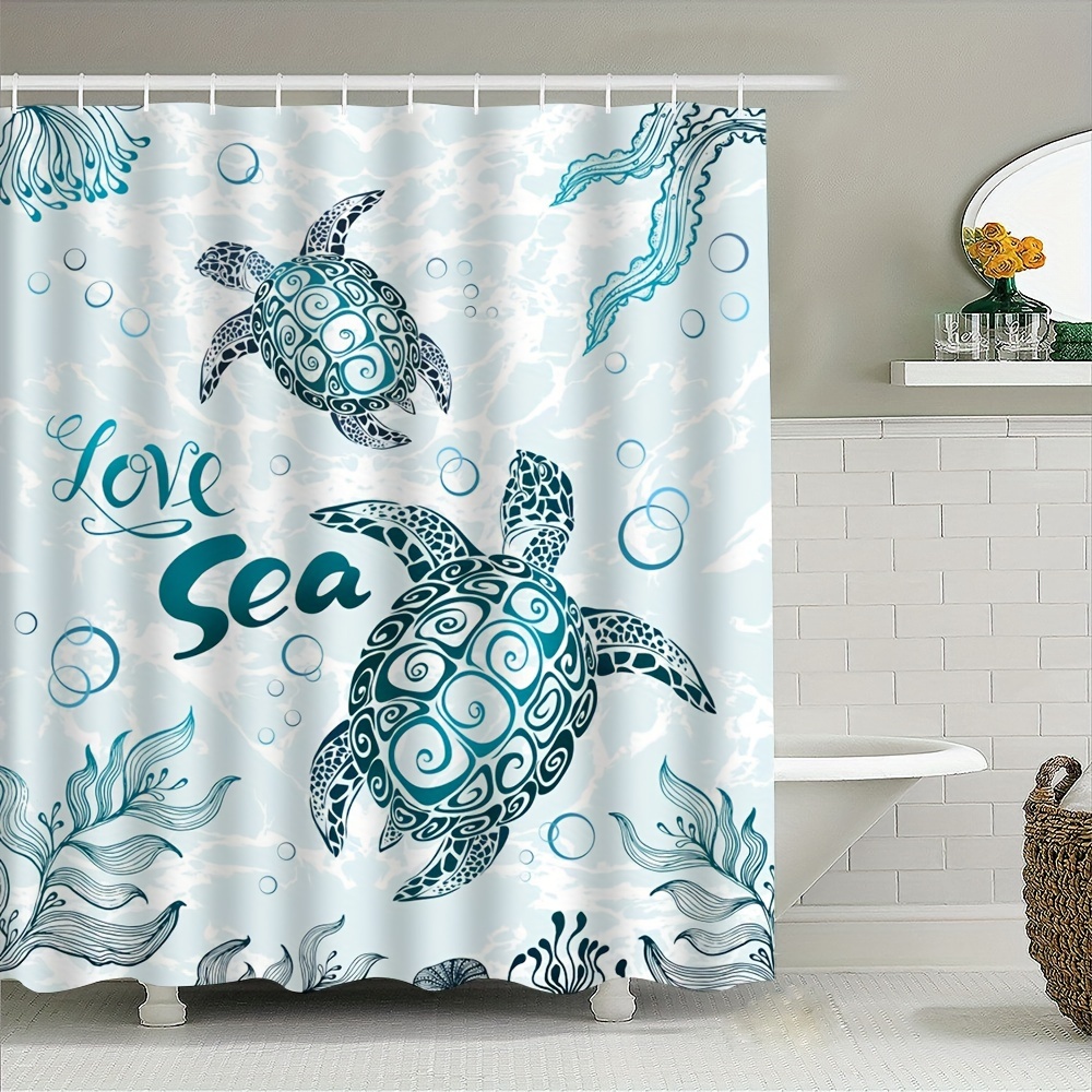 

Oversized Blue Sea Turtle Shower Curtain - Waterproof, Durable Polyester Bathroom Decor With Seagrass Design, Machine Washable Privacy Window Cover