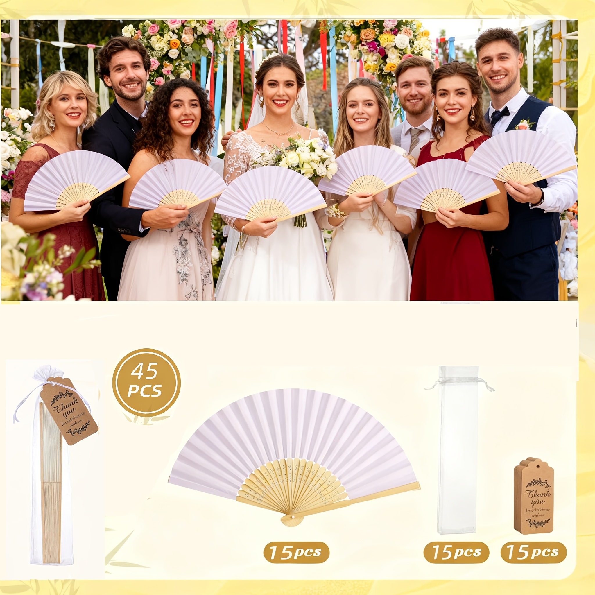 E-shop 45-teiliges Set, Handgehaltener Bambus-Faltfächer für Hochzeiten mit Geschenktasche Dankeskarte, Perfektes Gastgeschenk, Party-Souvenir,
