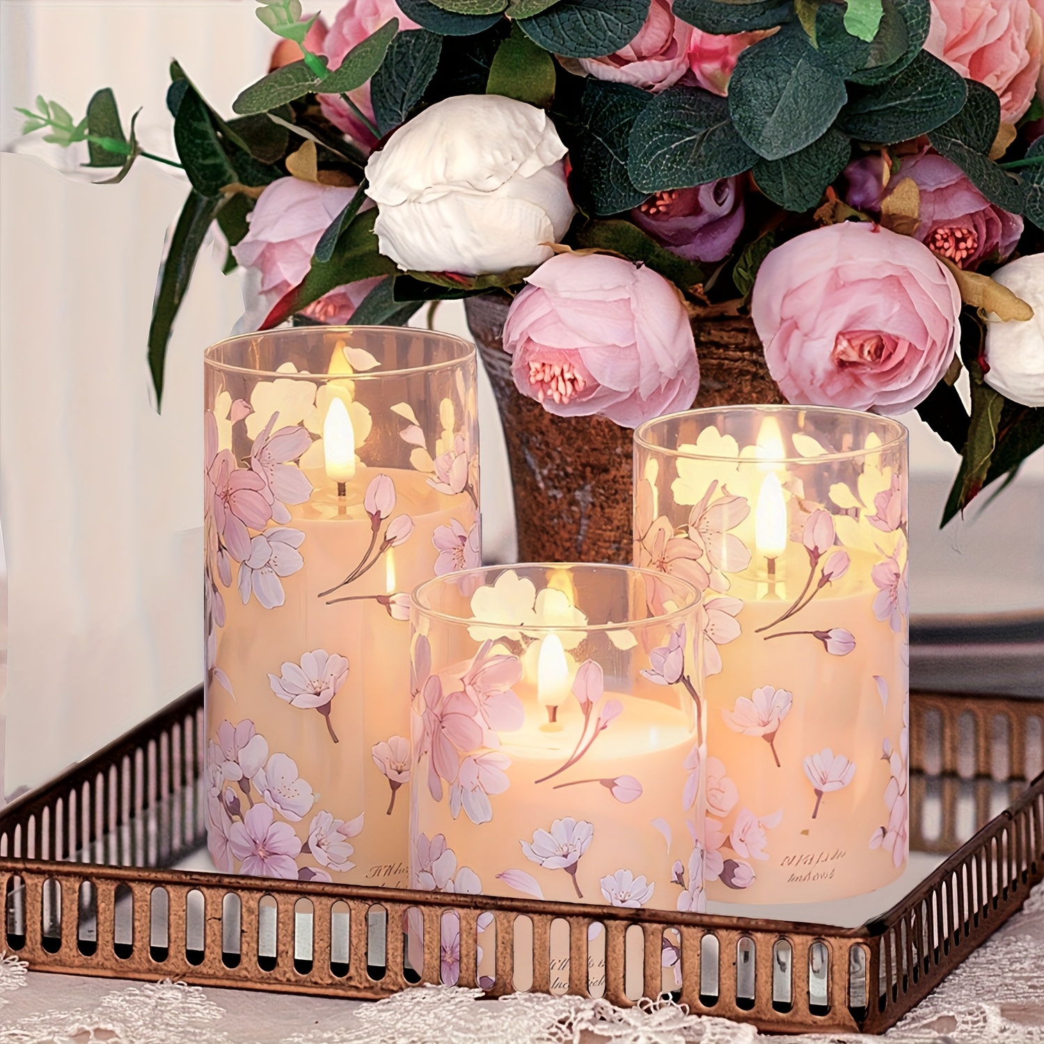Floral Battery Operated Candle Set Remote Timer Perfect