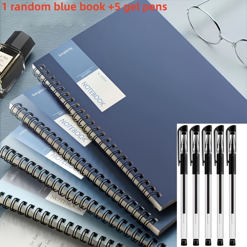 TEMU Lot de 6 pièces : 1 carnet aléatoire + 5 stylos gel, lot de carnets A5 à couverture souple et épaisse | Journal, comptabilité, planification de