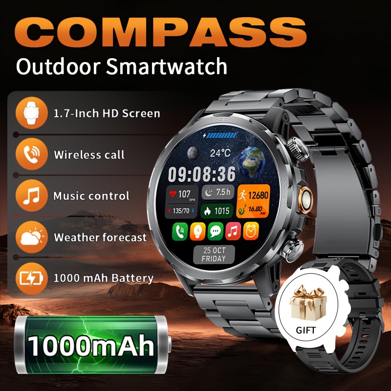 Lige Men's Smartwatch With Led Light 1000 Mah Battery 1.7-inch Hd Smartwatch With Calls, 100 Sleep Monitor For Ipx8 Sports Watch 2 Straps Black