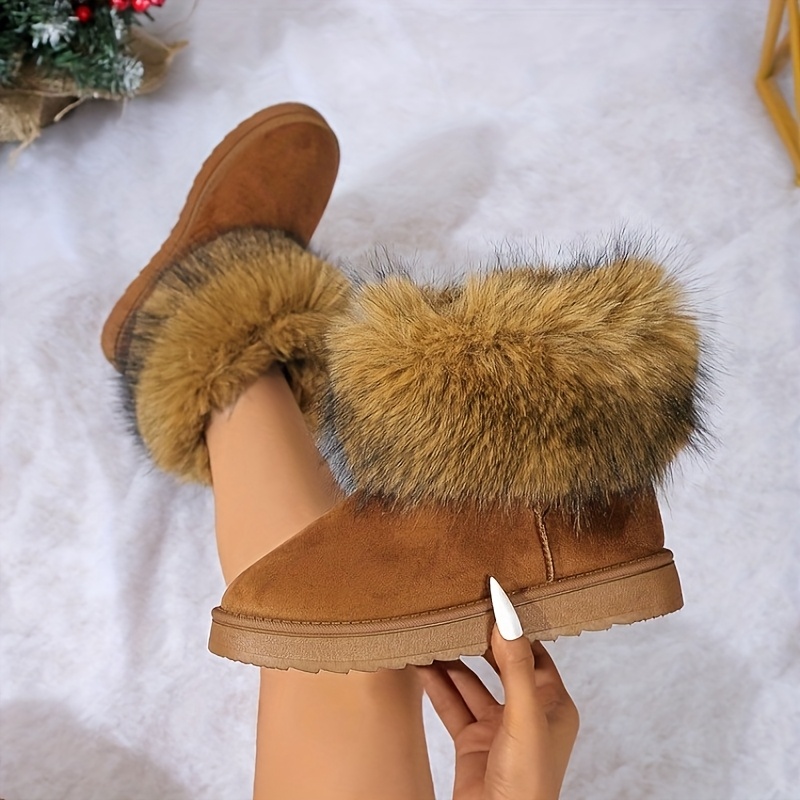 

1pr Hejie612 Women's Ankle Boots - Casual Solid Color Flannel Upper Dress Boots With Fur Trim, -on Round Toe Platform Heel, , Fabric Flannel Lined For Winter