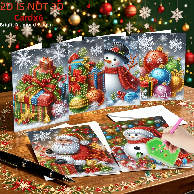 TEMU New 6pcs 2d Flat Diy Diamond Painting Greeting Cards- Santa Claus, Snowman, Gift, Christmas Ball Series Greeting Cards, Design. Diy Round