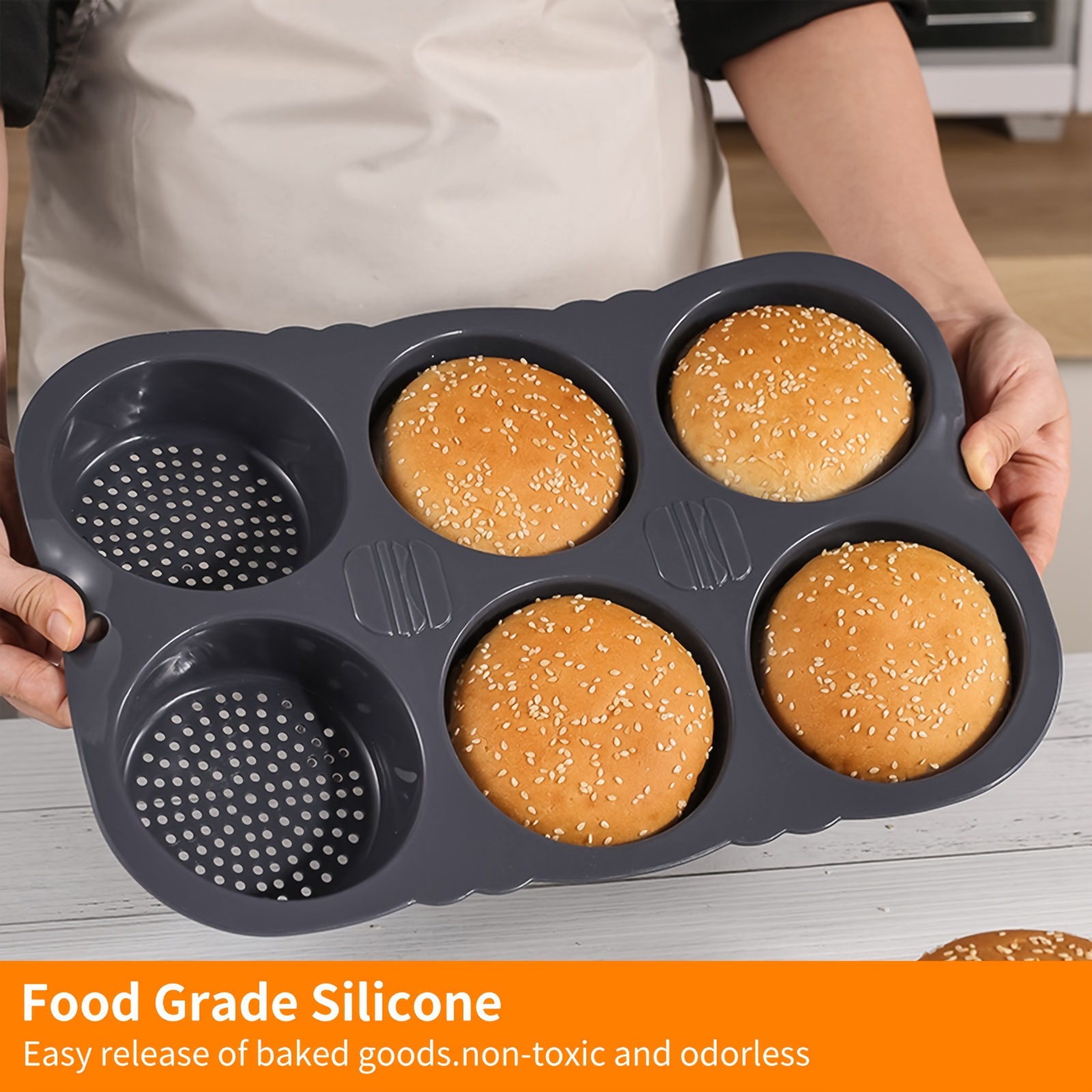 

1pc Silicone Hamburger Bun Mold - 6-cavity, Perforated Baking Pan For Better Airflow, Ideal For Cakes & Breads, Essential Kitchen Gadget