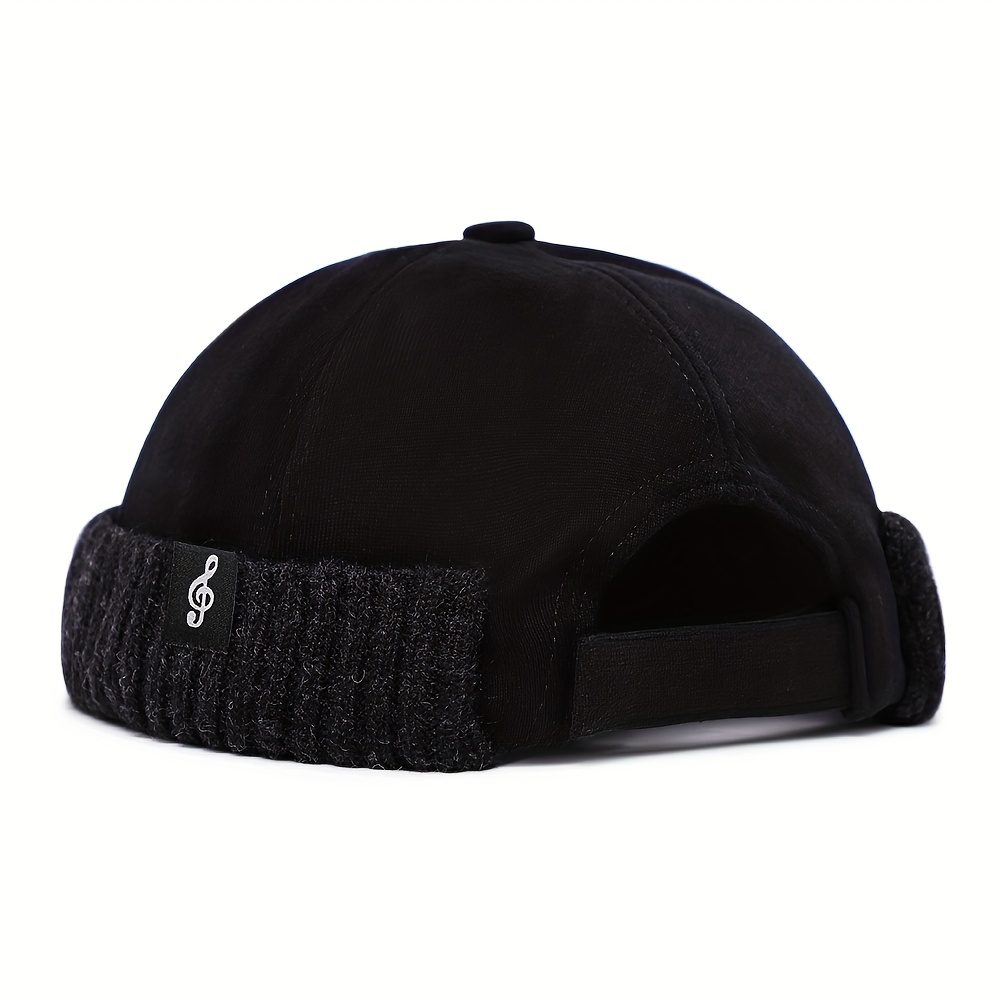 TEMU 1pc Men' Color Thick Ted Rolled Cuff Docker Cap With Trendy Musical Sybols Letter Patch - Warm, Soft Hat For , For Any Dressing, Gifts For