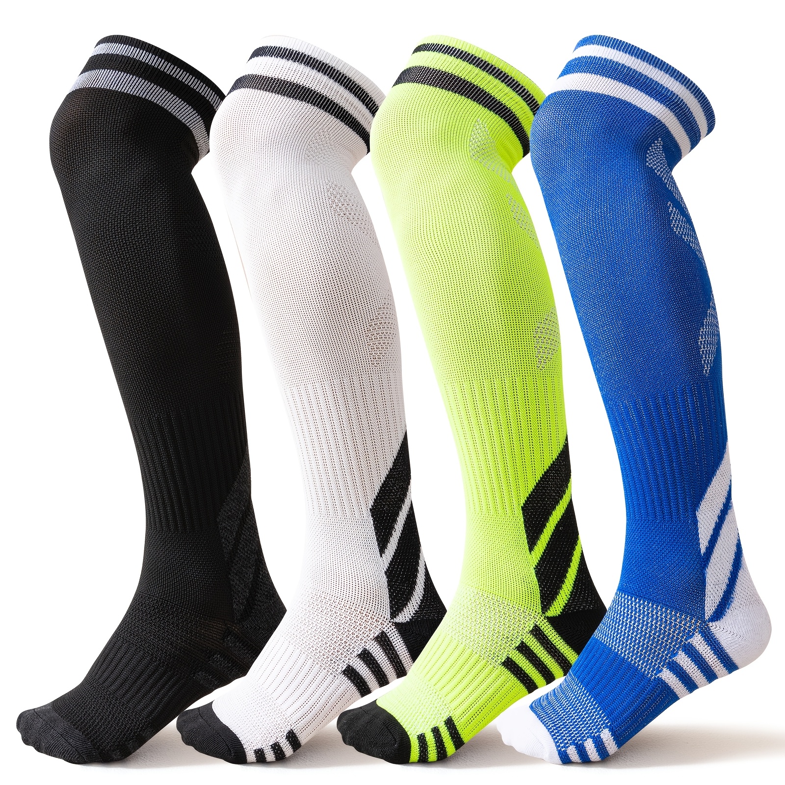 Image of 4 Pairs Kid Over-the-calf Soccer Socks (4-15 Years Old) Compression Athletic Baseball Socks Cushion Softball Socks Knee Socks For Boys Girls