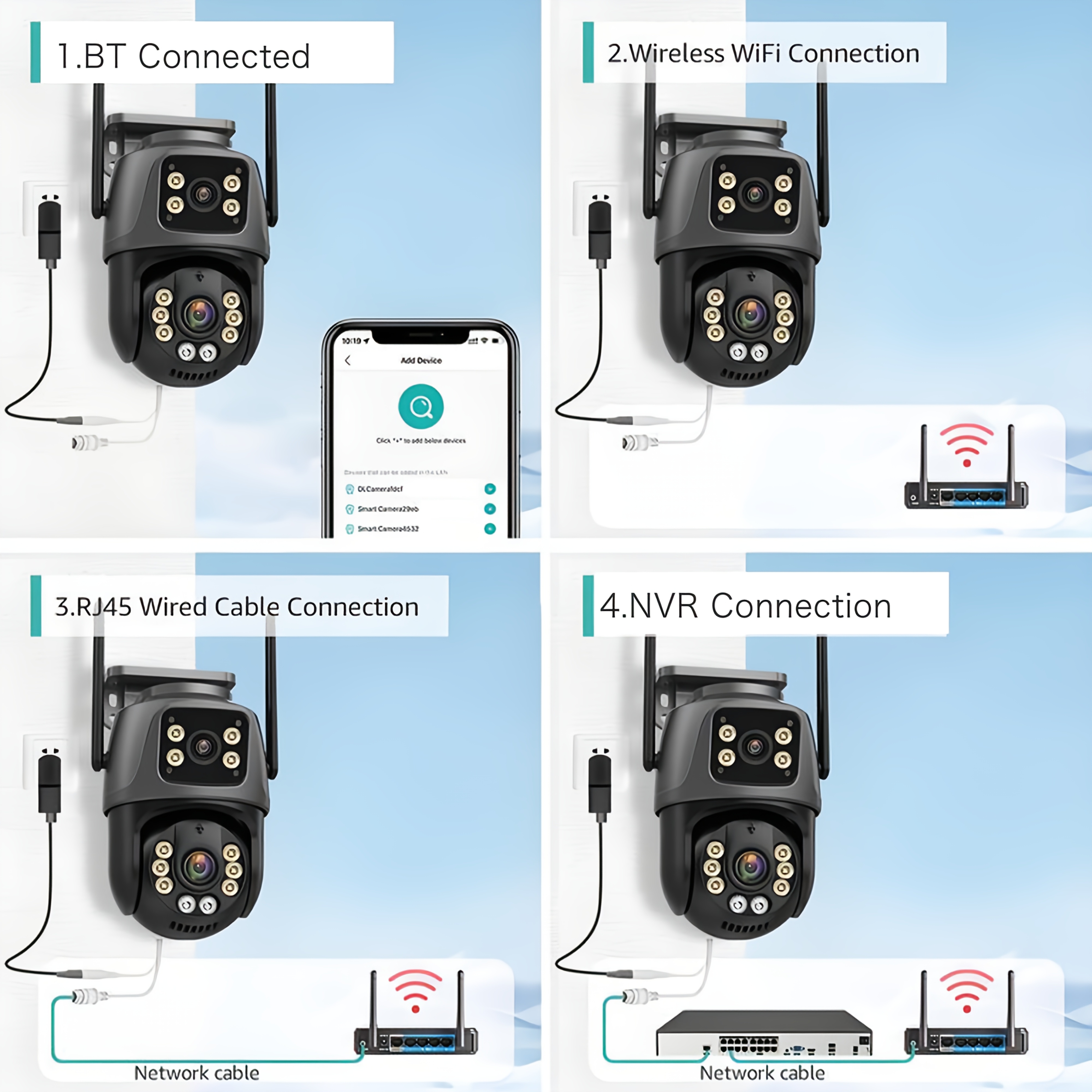 Cámara de seguridad inalámbrica para exteriores de 8MP con lente dual, seguimiento automático, detección humana, visión nocturna a color, grabación 24/7, audio bidireccional, conexión cableada RJ45, almacenamiento en la nube/SD, enchufe europeo, vigilancia exterior, vigilancia moderna