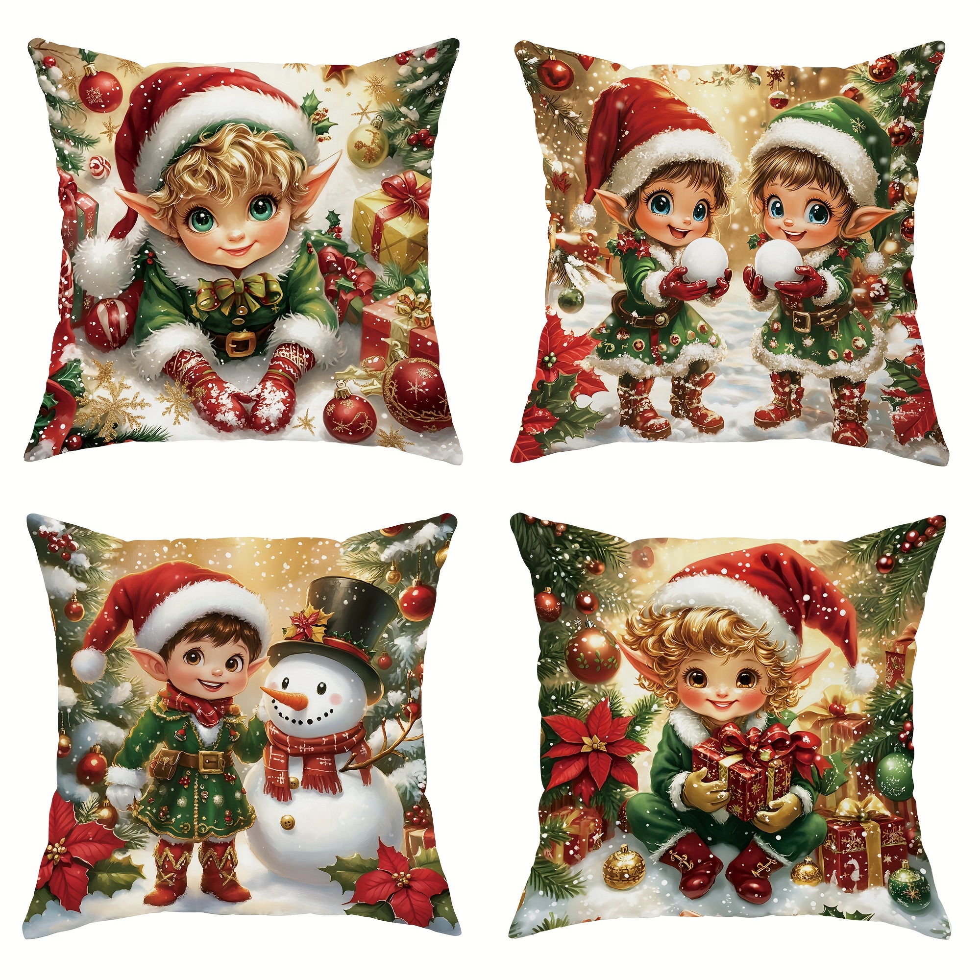 

4pcs Snowman Red Decorative Pillowcases 1 18in*18in For Christmas Sofa Bed Decor Inserts