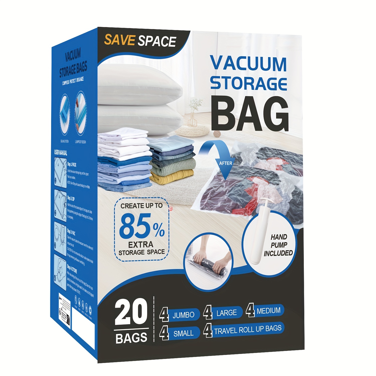 

20 Pack Vacuum Storage Bags, Space Saver Bags (4 Jumbo/4 Large/4 Medium/4 Small/4 Roll) For Comforters And Blankets, Sealer Clothes Storage, Hand Pump Included