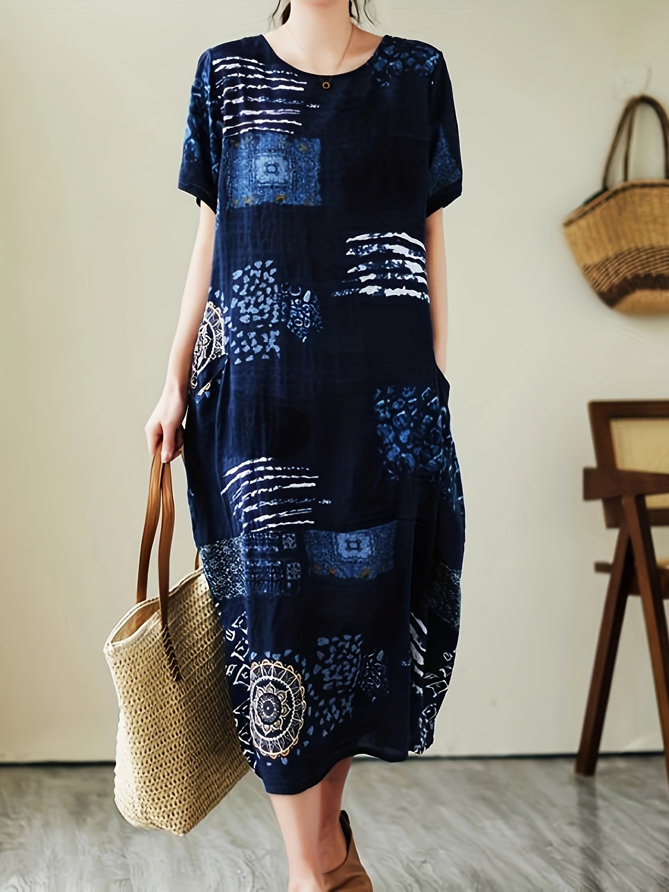 stylish spring summer linen   loose fit short sleeve dress navy blue 0