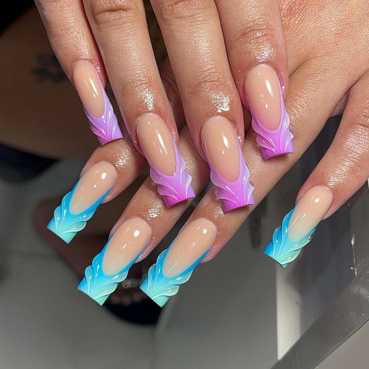 

24-piece Long Square Press-on Nails With 3d Gradient French Tip Design In Tones, Full Cover Stick-on Manicure For Women And Girls