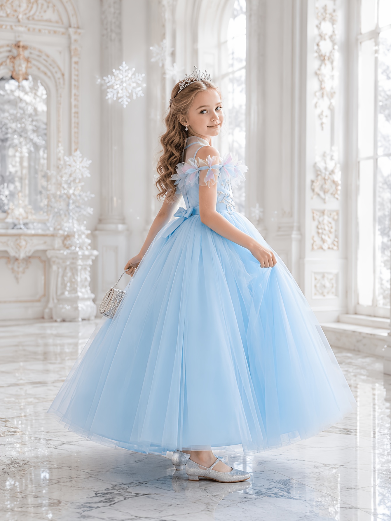 formal light blue dress for girls with High Neckline And *ow Gauze Sleeve Design, Silvery Sequin Embroidery Mesh Dress Girls, Princess Dress, Birthday Party, Performance Party boho chic bride