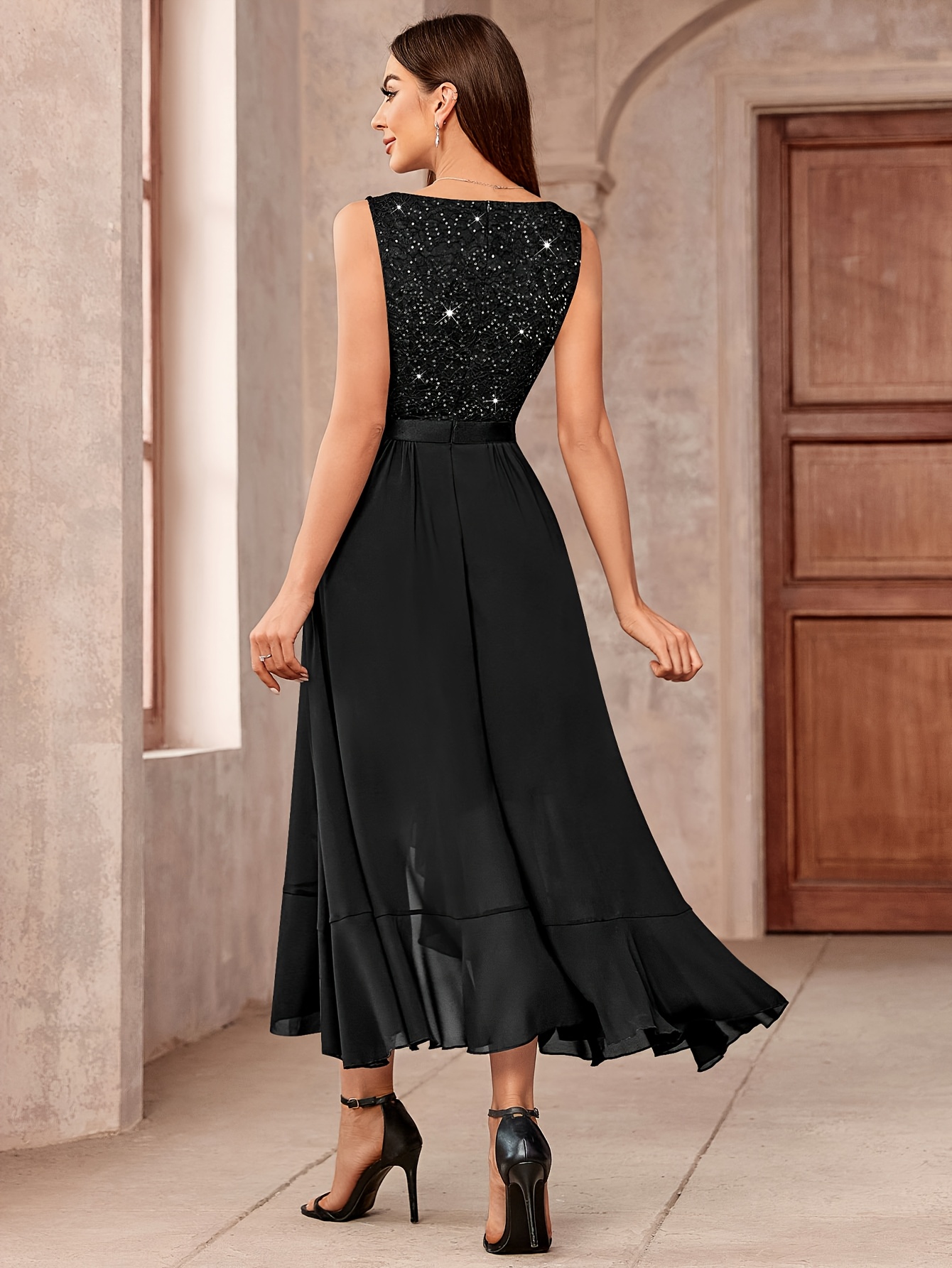 womens elegant chiffon bridesmaid maxi dress sequin lace - Temu
