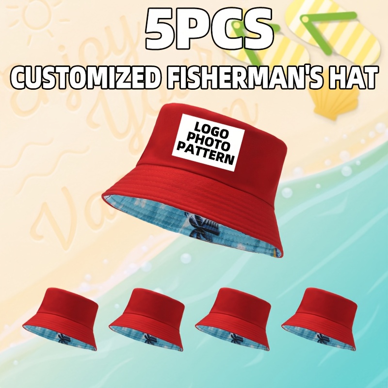 TEMU 5 stuks Gepersonaliseerde Bucket Hats met Foto/Logo - Dubbelzijdig Unisex Ontwerp, Machinewasbare Non-Stretch Stof voor Familie, Team, Pasen,