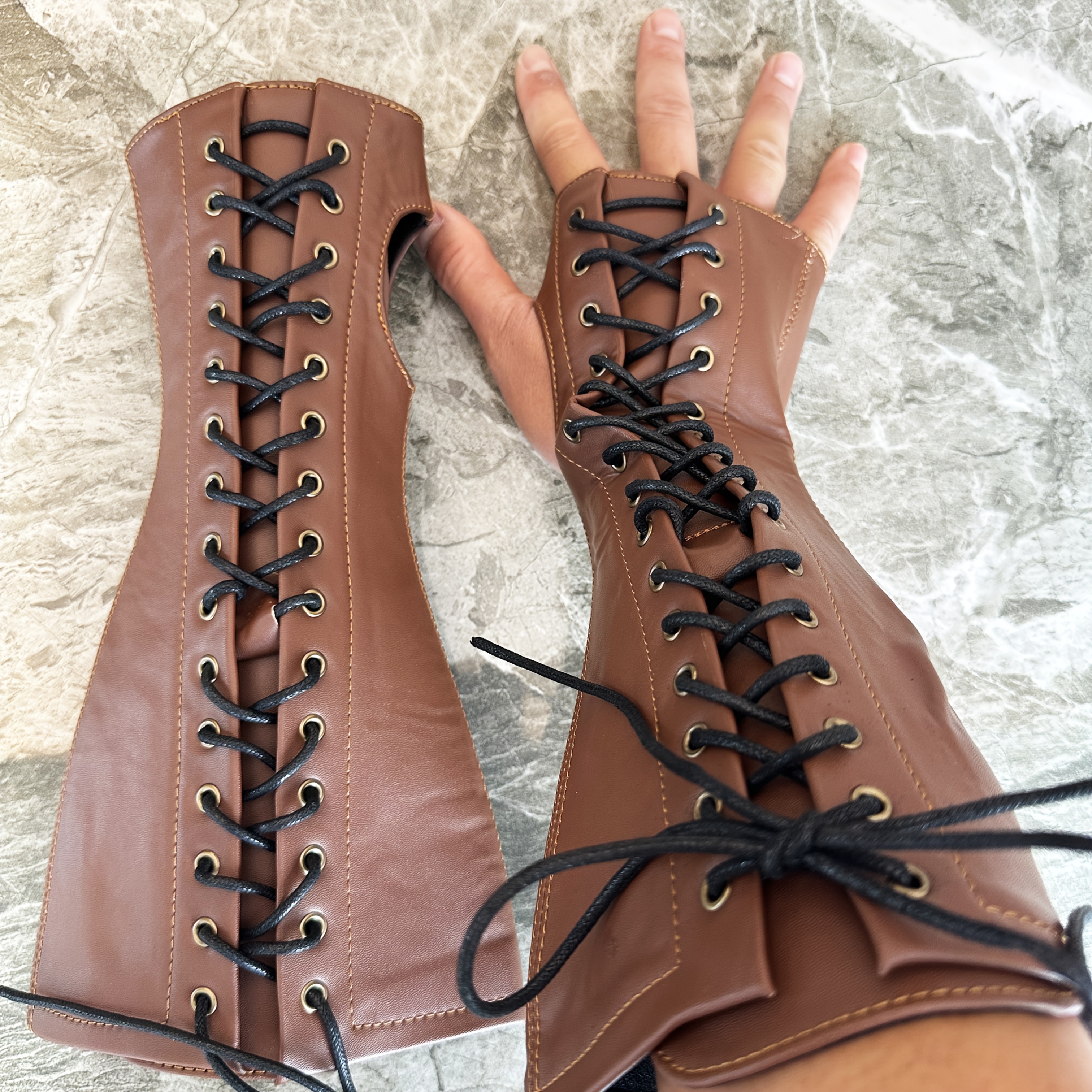 medieval style leather arm guards wide cuffs black lace Temu