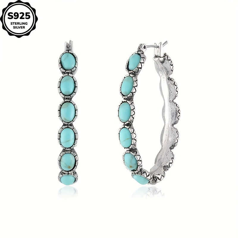 925 sterling silvery vintage oval turquoise teardrop hollow earrings earrings weddings valentines day halloween anniversaries   holidays special occasions boutique gift sets Product details 2