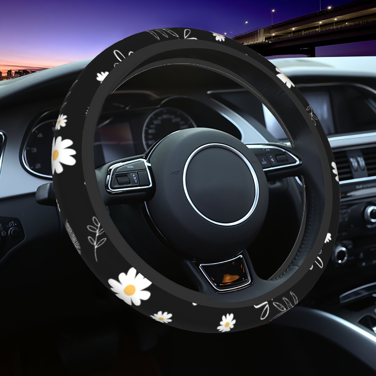 Image of Daisy & Leaves Pattern Car Steering Wheel Cover - Universal 15 Inch Anti-slip Car Steering Wheel Protector Cover, Car Interior Accessories Decor For Women