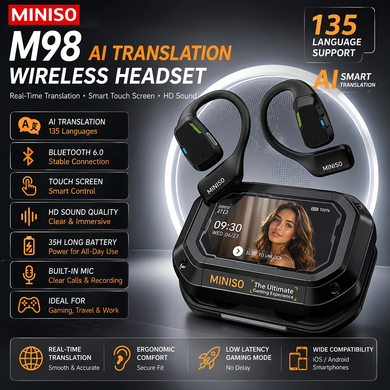 TEMU 2026 New Miniso M98 Open Ear Ai Translation Wireless Earbuds, Built-in Smart Touch Screen, Support 136 Languages Instant Translation, Bluetooth