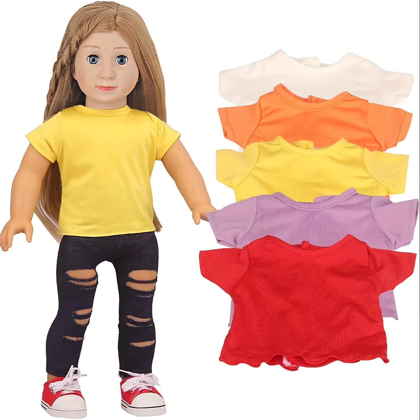 

5 Pieces For 18-inch Doll Clothing Fashion Doll Simple Solid Color T-shirt Includes White, Orange, Yellow, Purple, Piece Set Does Not Doll And Shoes