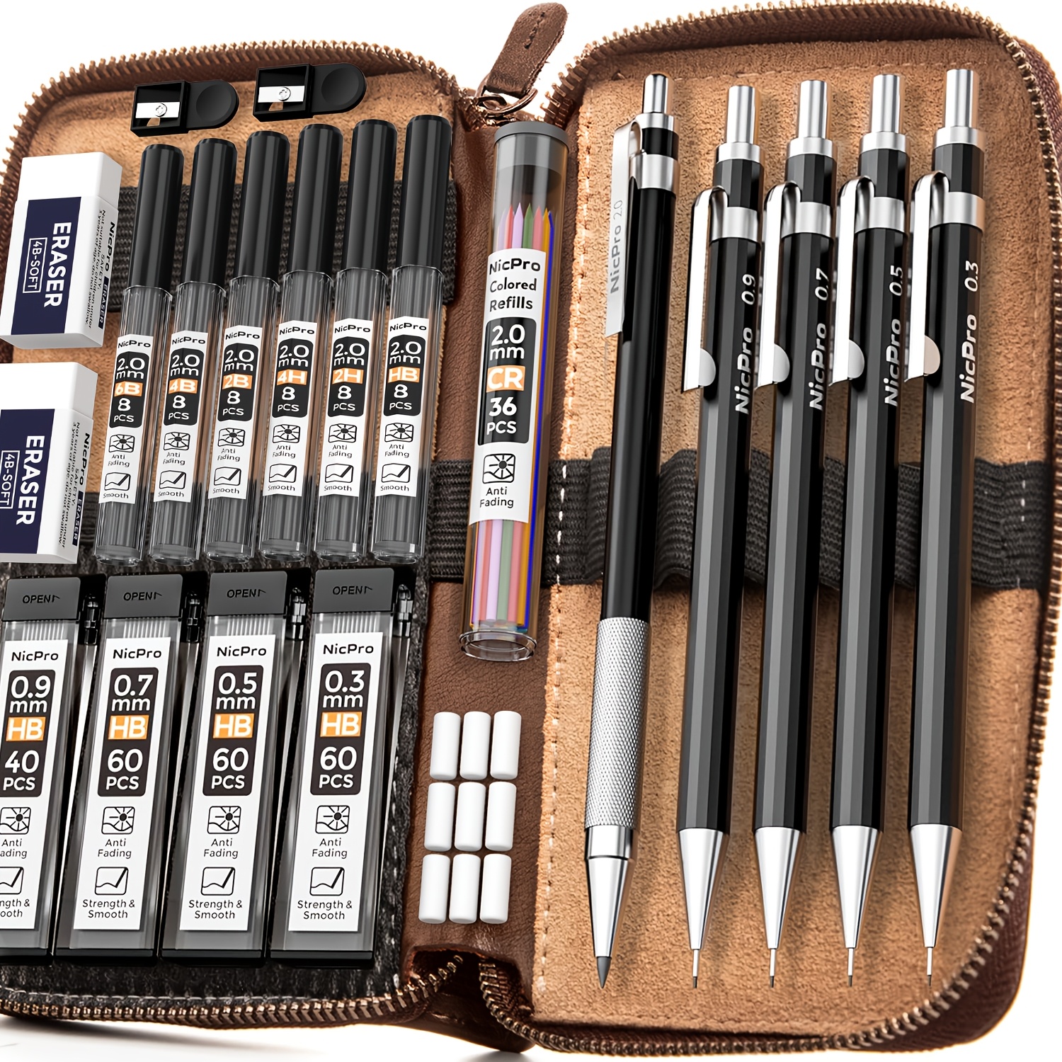 Image of Metal Mechanical Pencil Set In Leather Case, Black Propelling Drafting Pencils 0.3, 0.5, 0.7, 0. And 2mm Lead Holders For Art Drawing Sketching, (6b 4b 2b Hb 2h 4h Colors) Lead Refills