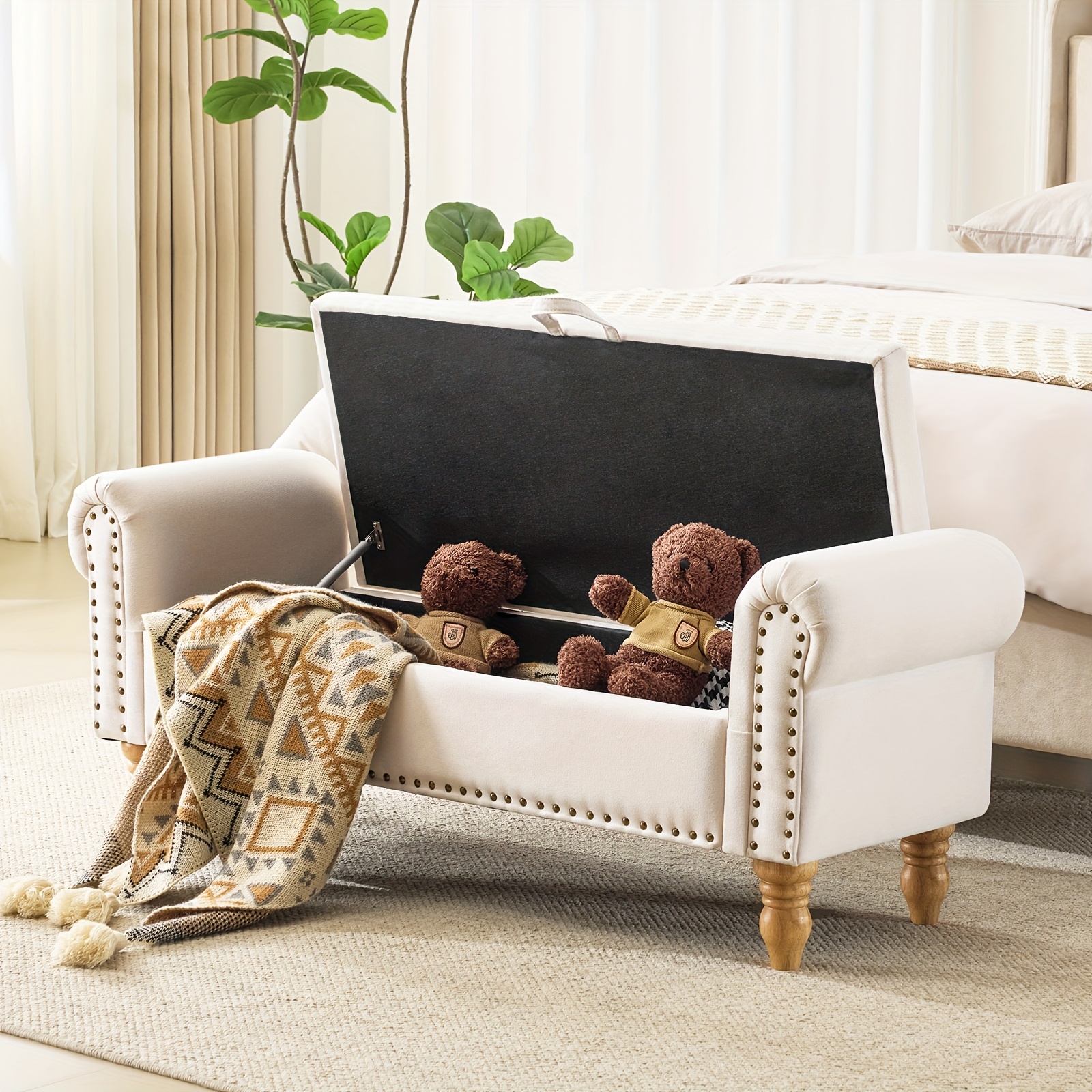 ATOMHAUS Upholstered Storage Bench for Bedroom End Of Bed Rolled Armed Corduroy Linen Fabric Ottoman Couch Long Bench Window Sitting Fireplace Toy Storage Bench Living Room Furniture