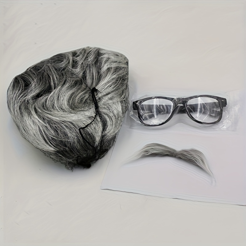 Silvery Gray Diagonal Short Straight Hair Men's Wig Glasses Beard Middle-aged And Elderly Men's Wig Short Hair