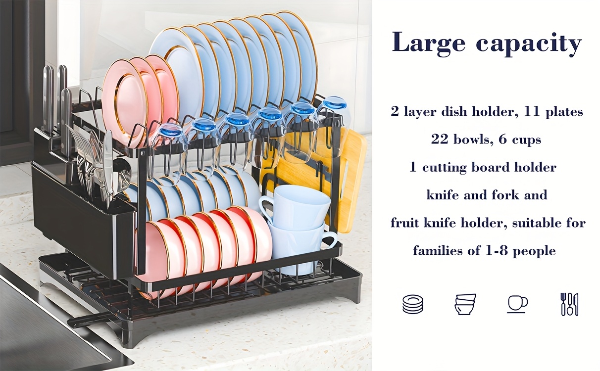 heavy duty space saving dish drying rack two tier kitchen organizer with draining board sturdy metal construction for plates bowls cups utensils compact countertop dish rack for home commercial kitchens sleek     storage solution rustresistant material busy households Product details 0