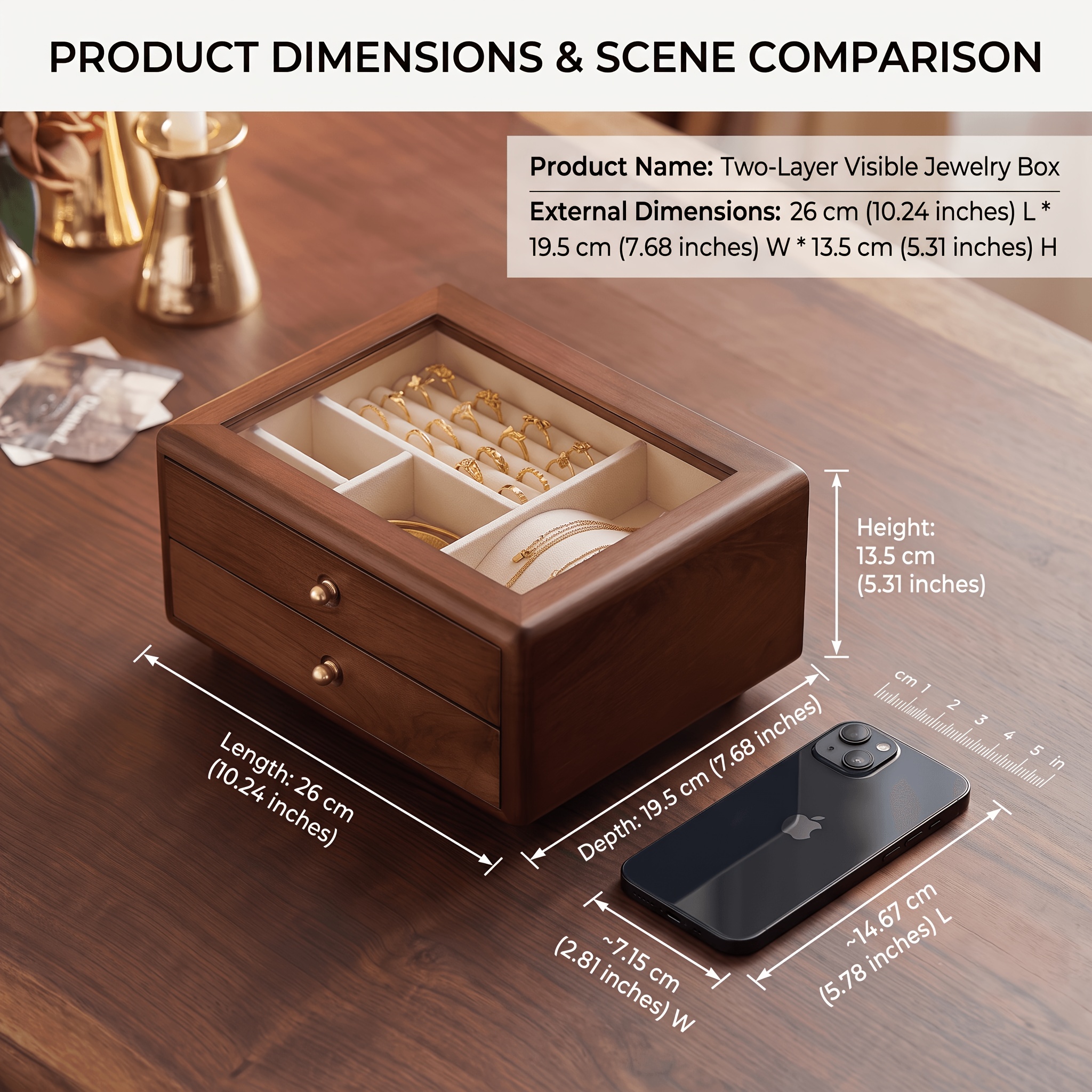 Wooden Walnut-colored Double-layer Transparent Jewelry Box with Drawer Design, Extra-large Capacity Storage Case, Suitable for Rings, Necklaces, Earrings, Bracelets, and Other Types of Jewelry. A Classic Solid Wood Jewelry Storage Box, a Practical