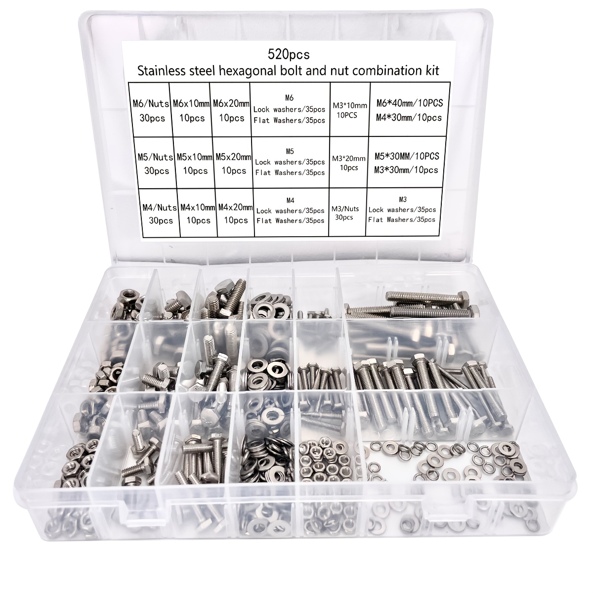 Image of A Set Of 520 Hex Head Bolts, Nuts, And Flat Washers, M3/m4/m5/m6 Heavy-duty Stainless Steel Fully Threaded Machine Screws And Nuts And Washer Kit