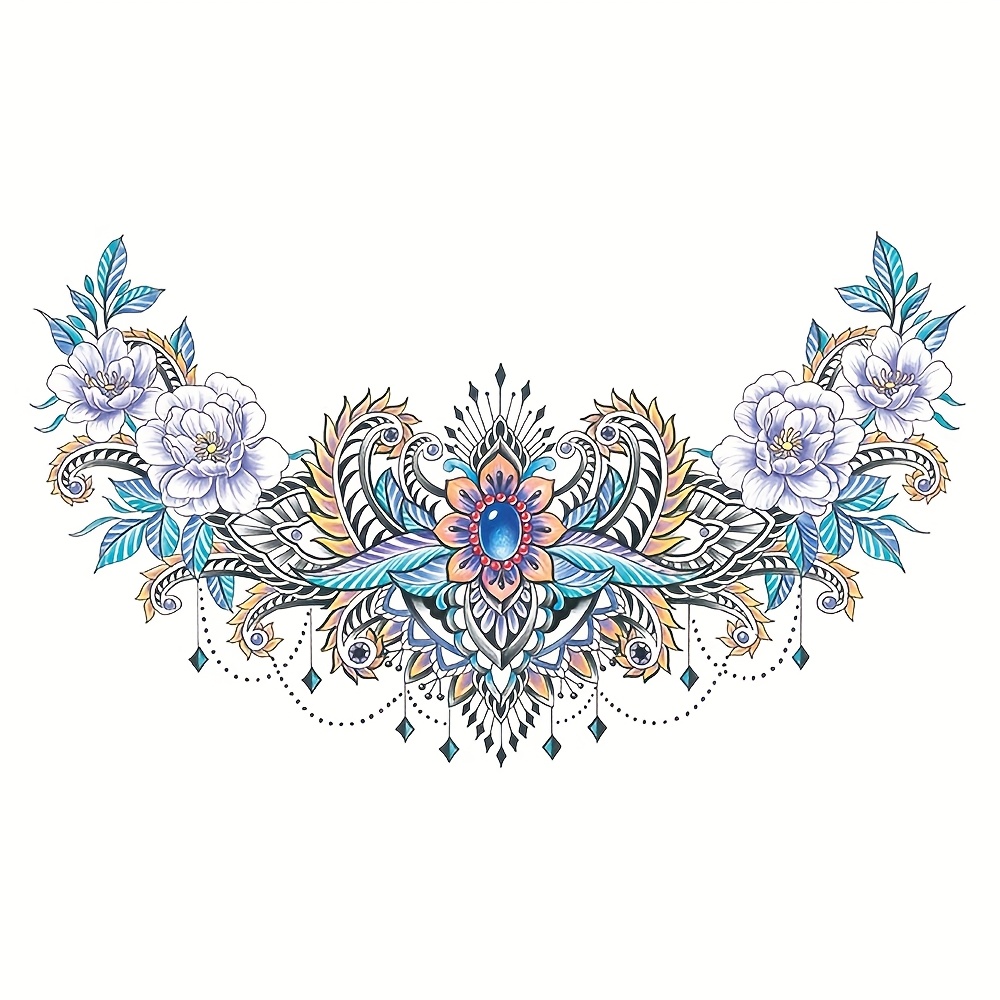 Image of Large Waterproof Floral Temporary Tattoo Sticker For Chest, Waist, Shoulder & Back - Realistic Lace Gemstone Design With Vibrant Colors, Easy To Apply & Remove Body Art For Women