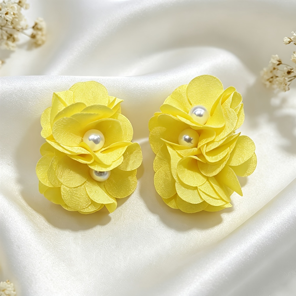 Bohemian Fabric Flower Ear Clips for Women, Colorful Statement Earrings